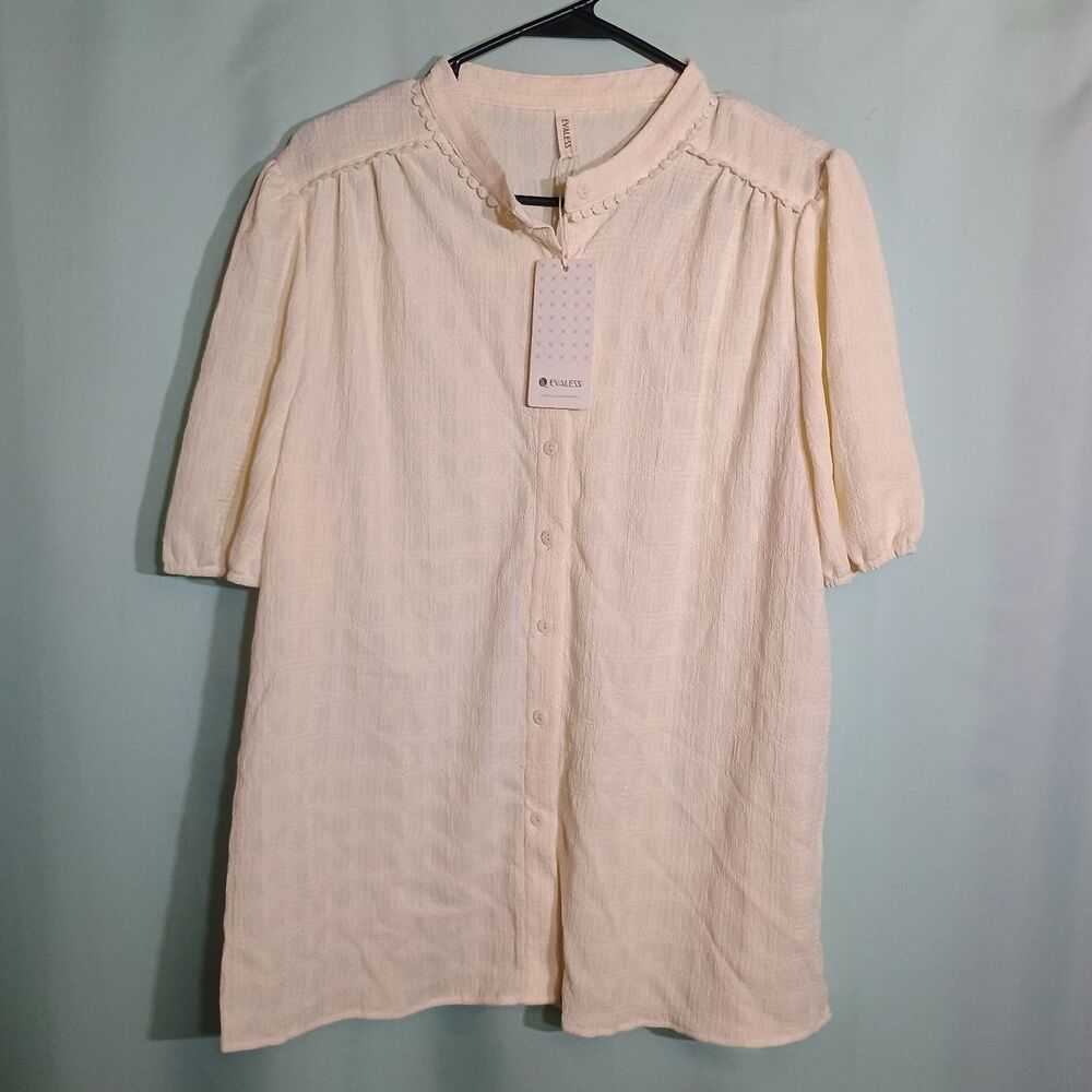 Evaless Ivory Textured Button Front Blouse Puff Sleeve Boho Top
